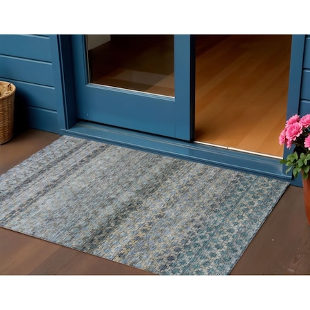 Homeroots 3' X 5' Teal Blue Light Blue And Gray Striped Washable Indoor Outdoor Area Rug 605693
