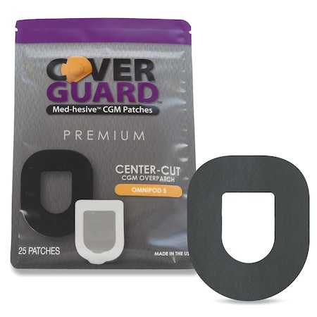 Coverguard CGM Overpatch, Omnipod 5 Insulin Pod, Black Center-cut Design, Waterproof Adhesive, Anti-Fray, 25PK 101-300B