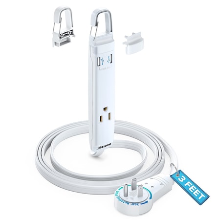 Maximm 3ft 16AWG 360 degrees Flat Plug Extension Cord w/ USB & Removable Hook, UL, White ADW-360-C203-WH