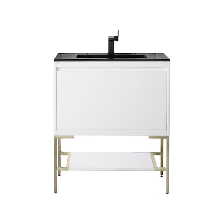 James Martin Vanities 31.5'' Single Vanity, Glossy White, Champagne Brass Base w/ Charcoal Black Composite Stone Top 805-V31.5-GW-CB-CH