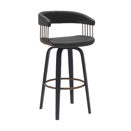 Armen Living Topanga 26in Swivel Black Wood Counter Stool in Black Faux Leather with Golden Bronze Metal LCTOBABLKBLK26