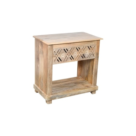 Homeroots 28" Natural Solid Wood Carved Geometric One Drawer Nightstand 555399
