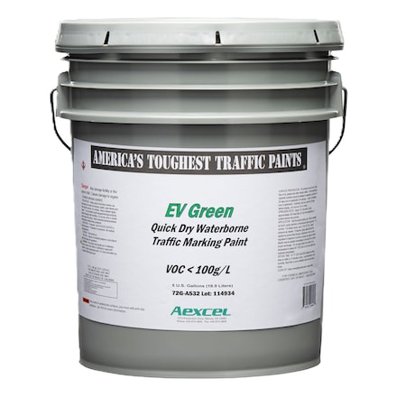 Aexcel Quick-Dry 20-minute Dry Traffic & Zone Marking Paint, Water-based Acrylic Latex, EV Green, 5-Gallon 72G-A532F03