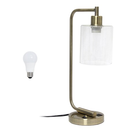 Homeroots 19" Antiqued Brass Metal Lantern USB Table Lamp LED With Clear Cylinder Shade 645934