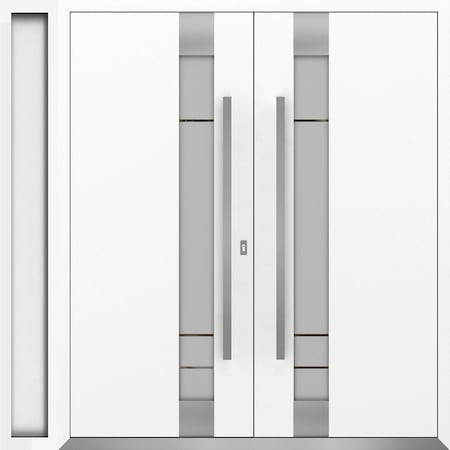 Vdomdoors Metal Double Doors Deux 1713 White Enamel Frosted Glass 1 Sidelight Entry Modern Painted 84x80 (W72 DEUX1713DEXD-BEM-W72+12xH80-RH-I