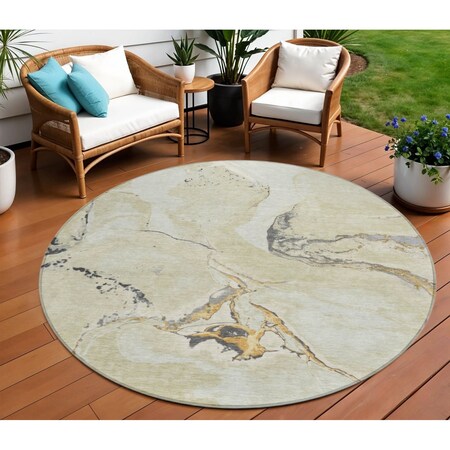 Homeroots 8' Ivory Gray And Gold Round Abstract Washable Indoor Outdoor Area Rug 597778