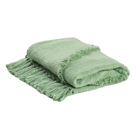 Homeroots 50" X 60" Green Woven Cotton Throw Blanket with Fringe 516547