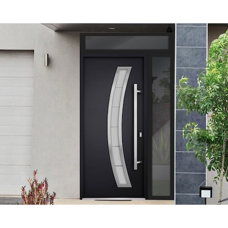 Vdomdoors Steel Door Deux 6500 Black Sidelight and Transom Window Stainless Inserts Single Modern Painted-W36 DEUX6500EXD-BLK-W36+12 x H80+16-Left-hand Inswing