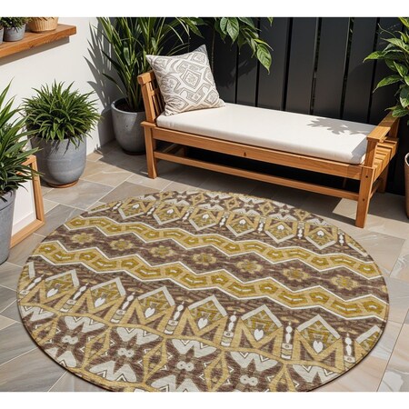 Homeroots 8' Gold Brown And Beige Round Moroccan Washable Indoor Outdoor Area Rug 594324