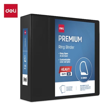 Deli Heavy Duty View Binder 4in, Letter, 3-Sided D-Ring, 4 Pockets, Black, 4PK CF577-BK