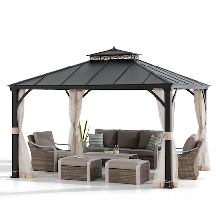 Sunjoy 11 x 13 ft. Outdoor Patio Black Steel Hardtop Gazebo with 2-Tier Metal Roof and Mesh Netting A102006920