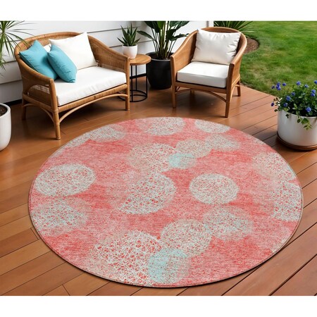 Homeroots 8' Salmon Ivory And Sky Blue Round Polka Dot Washable Indoor Outdoor Area Rug 614709