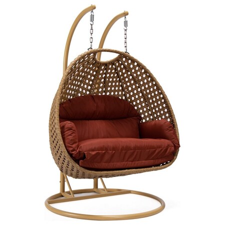 Leisuremod Mendoza Light Brown Wicker Hanging 2 person Egg Swing Chair with Cherry Cushions MSCLBR-53CHR