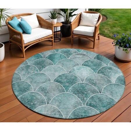 Homeroots 8' Teal Blue Aqua And Gray Round Abstract Washable Indoor Outdoor Area Rug 577693
