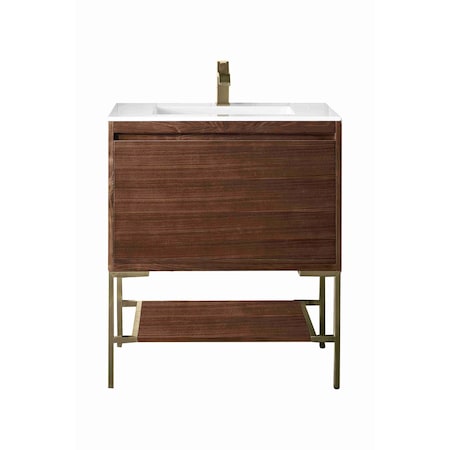 James Martin Vanities 31.5'' Single Vanity, Mid-Century Walnut, Champagne Brass Base w/ Glossy White Composite Stone Top 805-V31.5-W-CB-GW