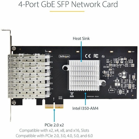 Startech.Com 4-Port GbE SFP Network Card, PCIe 2.0 x2 x4, x8, x16 Compatible, Intel I350-AM4 4x GbE P041GI-NETWORK-CARD