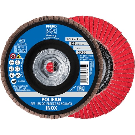 Pferd 5'' x 5/8-11 Thd. POLIFAN Flap Disc - CO-FREEZE SG INOX, Ceramic oxide, 50 Grit, Flat 61086