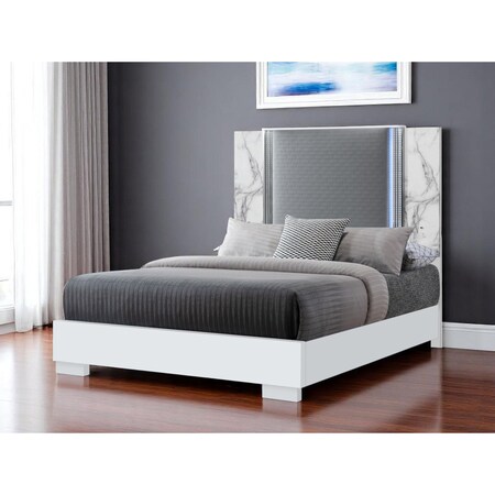 Homeroots White and Gray Faux Marble And Upholstery Lighted Queen Bed Frame 564755