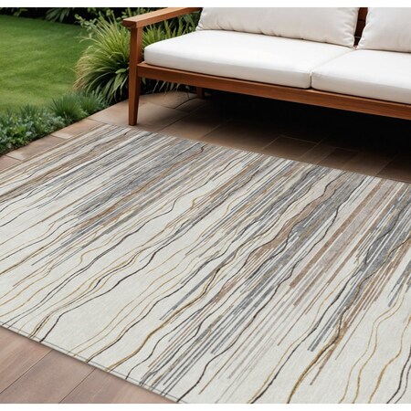 Homeroots 10' X 14' Ivory Brown And Gray Striped Washable Indoor Outdoor Area Rug 597258