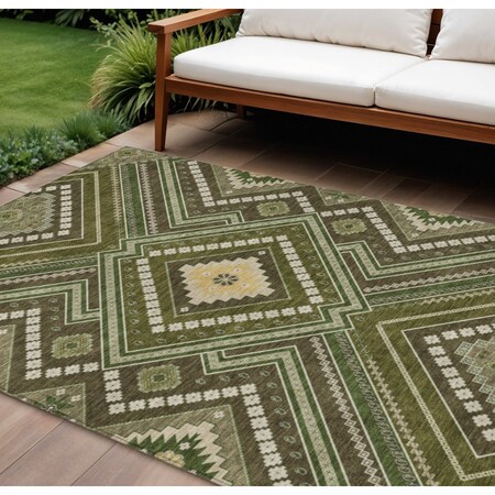 Homeroots 10' X 14' Olive Green Gray And Ivory Tribal Washable Indoor Outdoor Area Rug 598147