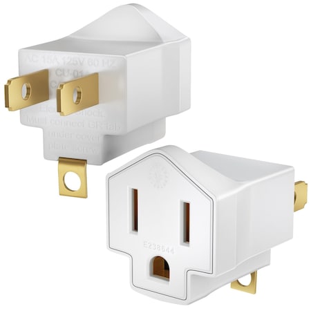 Maximm 2-Prong to 3-Prong Grounding Outlet Adapter Converter, 2PK, White, 2PK AD-2-TO-3PR-WHT-2PK