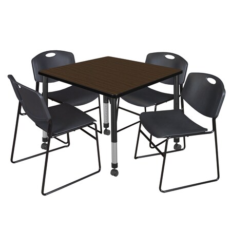 Regency Square Kee Mobile Adjustable Classroom Table W/ 4 Zeng Stack Chairs, 36 in W, 36 in L, Neo Walnut TB3636NWAPCBK44BK