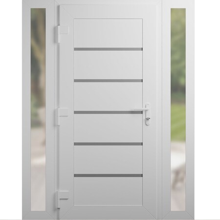 Vdomdoors Front Exterior Prehung Metal-Plastic Door, Manux 8415 White Silk, 2 Side Sidelite Transoms, Office MANUX8415EXD-WS-W14+36+14xH80-LH