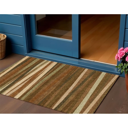 Homeroots 3' X 5' Brown Copper And Beige Striped Washable Indoor Outdoor Area Rug 597355