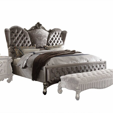 Homeroots 87" X 100" X 75" Velvet Antique Platinum Upholstery Poly Resin California King Bed 348194