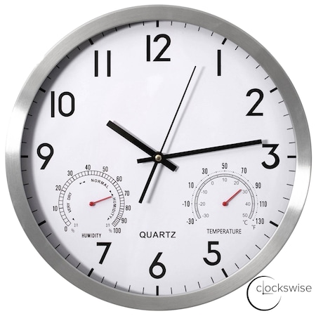 Clockswise 14-inch Non-Ticking Quartz Wall Clock with Thermometer & Hygrometer - Battery Operated QI004747.SI.14