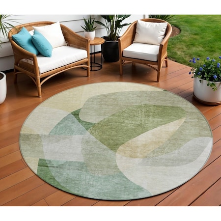 Homeroots 8' Artichoke Green And Taupe Round Abstract Washable Indoor Outdoor Area Rug 630425