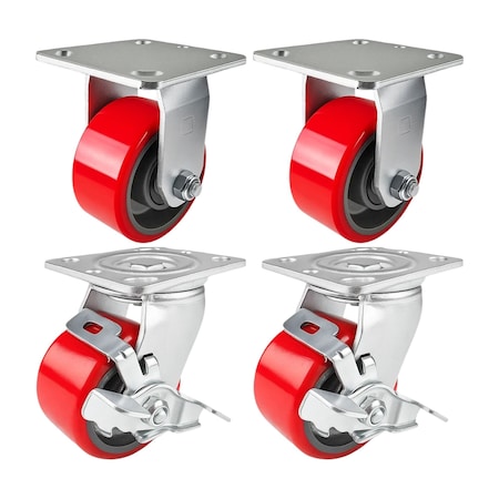 Hyw Products Heavy Duty Caster Set 4in Red Polyurethane on Cast Iron Wheels, 2 Rigid & 2 Swivel with Brake, 4PK 40-40R-A1-PC-2,40-40S-A1-PC-TB-2 (R)