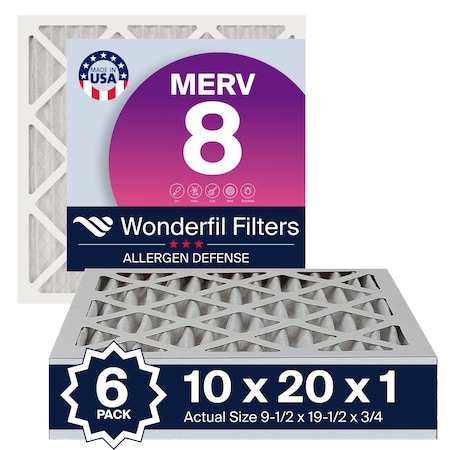 Wonderfil Filters 10X20X1 MERV 8 Air Filter, Pleated HVAC Design, Perfect Fit for AC and Furnace Systems, 6PK AF10X20X1M8P6