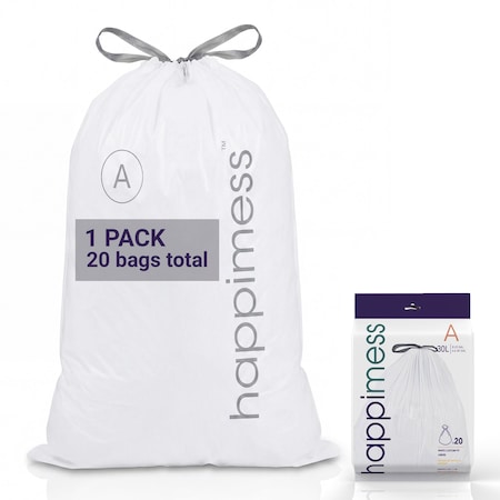 Happimess 8-Gallon 30L Drawstring Unscented Trash Can Liner, White, 20-Count, 1 Pack of 20 Liners HPM3000A-W-1SET