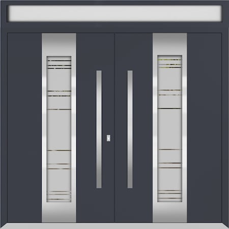 Vdomdoors Metal Double Doors Deux 1717 Gray Graphite Frosted Glass Top Transom Entry Modern Painted (W72xH96+ DEUX1717DEXD-GRE-W72xH96+14-LH-I