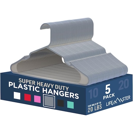 Lifemaster Heavy-Duty Plastic Hangers, Non-Slip, Space-Saving, Holds 5 lbs, Gray, 5PK LMPLCGRY5