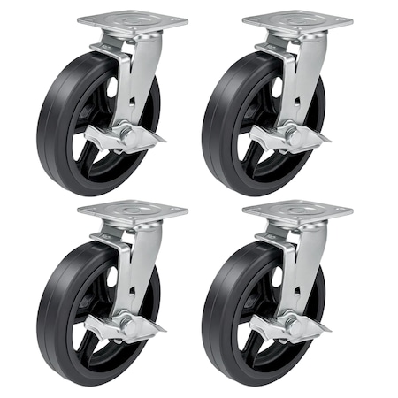 Hyw Products Heavy Duty Caster Set 8in Rubber on Cast Iron Wheels, 4 Swivel with Brake, 4PK 40-80S-A1-RC-TB-4