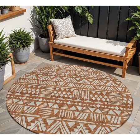Homeroots 8' Terra Cotta And Beige Round Southwestern Washable Indoor Outdoor Area Rug 594198