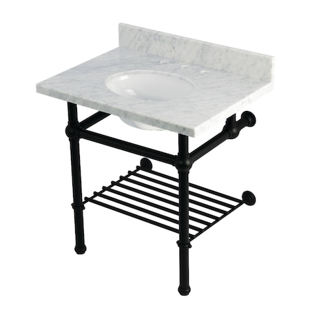 Kingston Brass 30-Inch Carrara Marble Console Sink with Brass Legs and Shelf, 8-Inch, 3-Hole KVPB3030MBB0