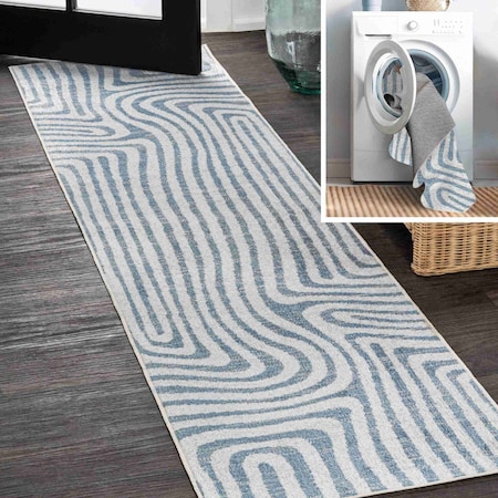 Jonathan Y Maze Abstract Two-Tone Low-Pile Machine-Washable Blue/Cream 2 ft. x 8 ft. Runner Rug WSH309A-28