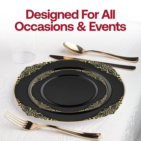 Smarty Had A Party 10.25" Black with Gold Fancy Round Disposable Plastic Dinner Plates, 120PK 8880-BG-CASE