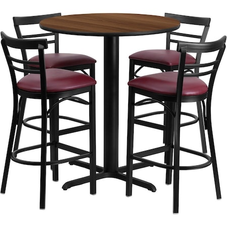 Flash Furniture Round Walnut Bar Table, X-Base w/Burg Seats, 24", 24" L, 24" W, 42" H, Laminate Top, Wood Grain HDBF1040-GG