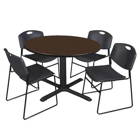 Regency Round Cain Breakroom Table W/ 4 Zeng Stack Chairs, 48 in W, 48 in L, Neo Walnut TB48RNDNW44BK