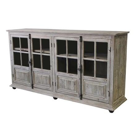 Homeroots 83in White Wash Gray Solid Wood Four Door Side Board with Glass Inserts 489024