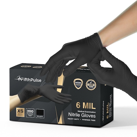 Fifthpulse Disposable Gloves, 6 mil Palm, Nitrile, Powder-Free, XS, 200 PK, Black FMN100709