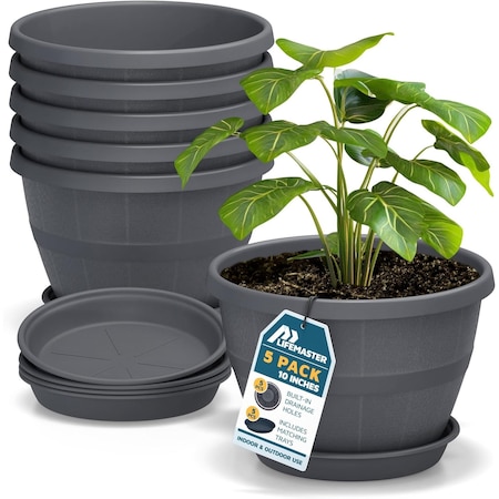 Lifemaster 10-Inch Whiskey Barrel Planters, Durable Plastic Pots with Drainage and Saucer, 5PK LMPBP5GRY5