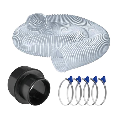 Powertec 3in x 10ft PVC Dust Collection Hose with 4in to 3in Reducer & 5PK 3in Key Hose Clamps 70437N