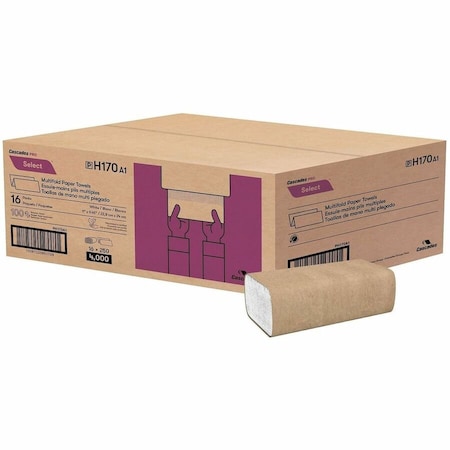 Cascades Pro Select Folded Paper Towels, Multifold, 1-Ply, 9.13 x 9.5, White, 250 Towels, 16PK H170