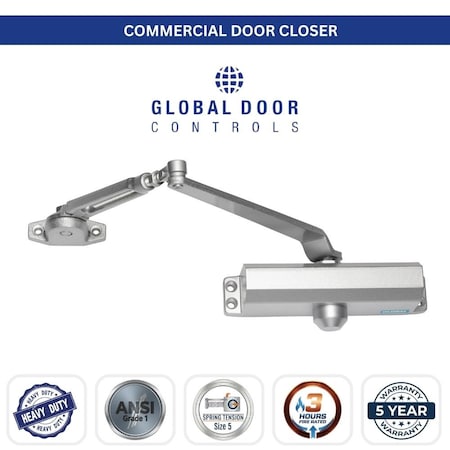 Global Door Controls Commercial Grade 3 Door Closer with Backcheck in Aluminum, Size 5, TC2200 series TC2205-BC-AL
