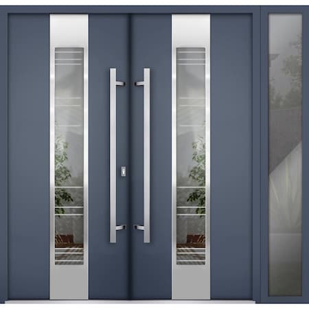 Vdomdoors Steel Double Doors Deux 5755 Gray Graphite Sidelight Exterior Window Stainless Inserts Single Moder DEUX5755DEXD-GRE-RH-W72+14 x H80